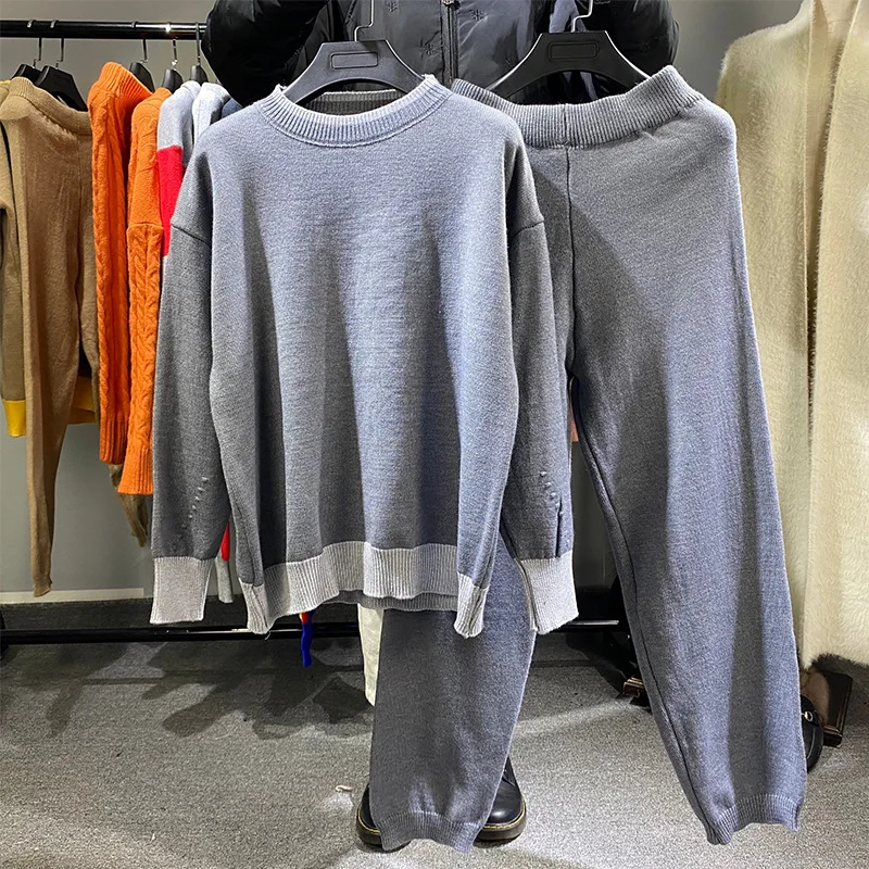 

Женский трикотажный брючный костюм, повседневный комплект из двух предметов в стиле пэчворк с широкими штанинами и высокой талией, S7185