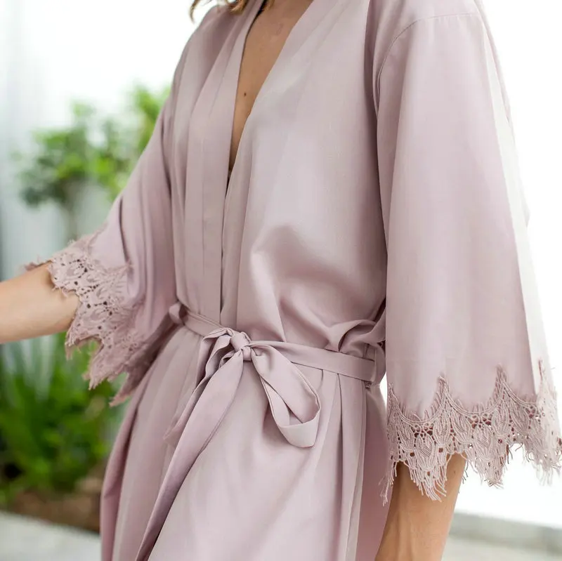 Matt Satin Lace Robe Bridal Robe Kimono Wedding Robe Bride Bridesmaid Robes Plus Size Women Sleepwear Bathrobe Dressing
