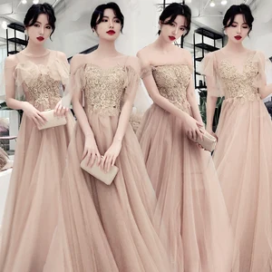 Bridesmaids Dresses Illusion Off The Shoulder Floor-Length O-Neck Embroidery Sequined Lace Tulle Women Wedding Party Dress E053 Bridesmaids Dresses Illusion Off The Shoulder Floor-Length O-Neck Embroidery Sequined Lace Tulle Women Wedding Party Dress E053