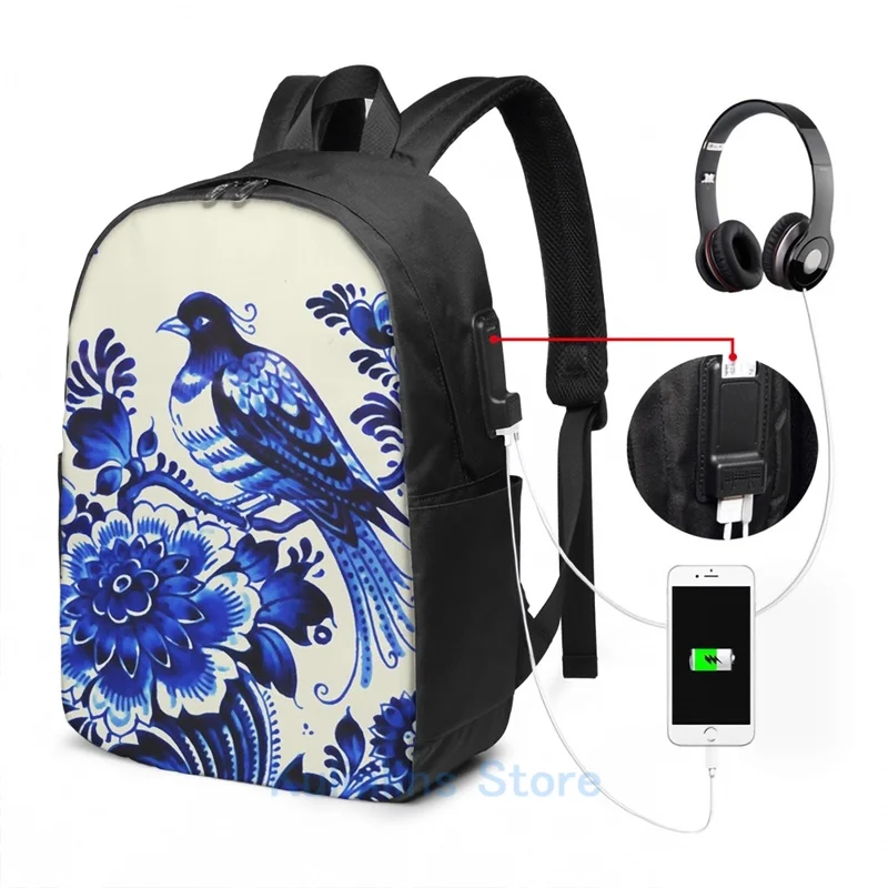 Фарфоровый Восточный рюкзак Delft с забавным графическим принтом и USB зарядкой