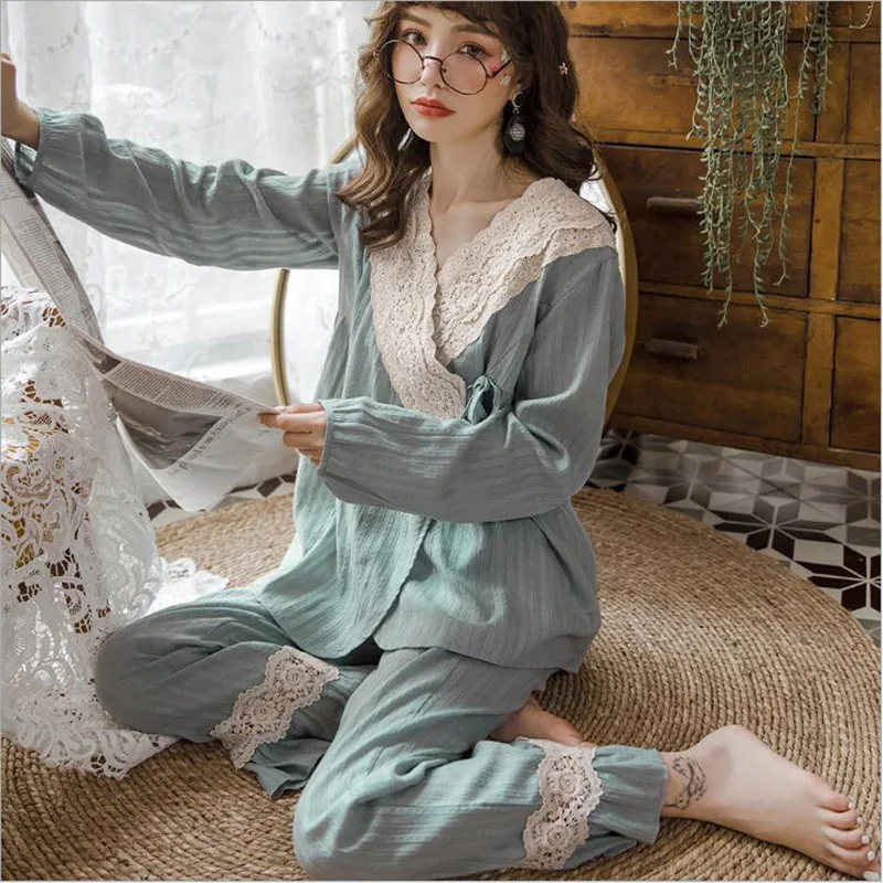 Винтажные женские пижамные комплекты из чистого хлопка Милые пижамы с длинными