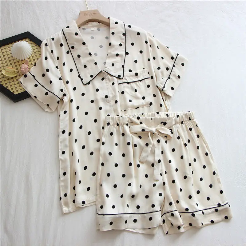 

Polka Dot Women's Pajamas Summer Pyjama Chic Vintage Clothes Pijama Mujer Loungewear Turn Down Collar Suits with Shorts