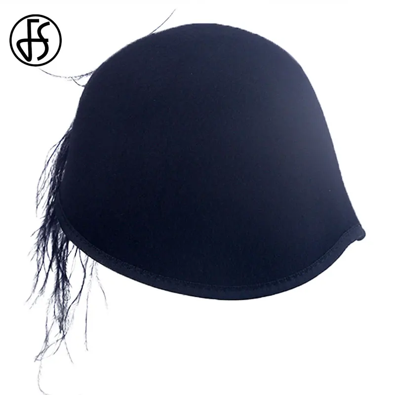 Женская винтажная фетровая шляпа FS черная с широкими полями украшенная стразами