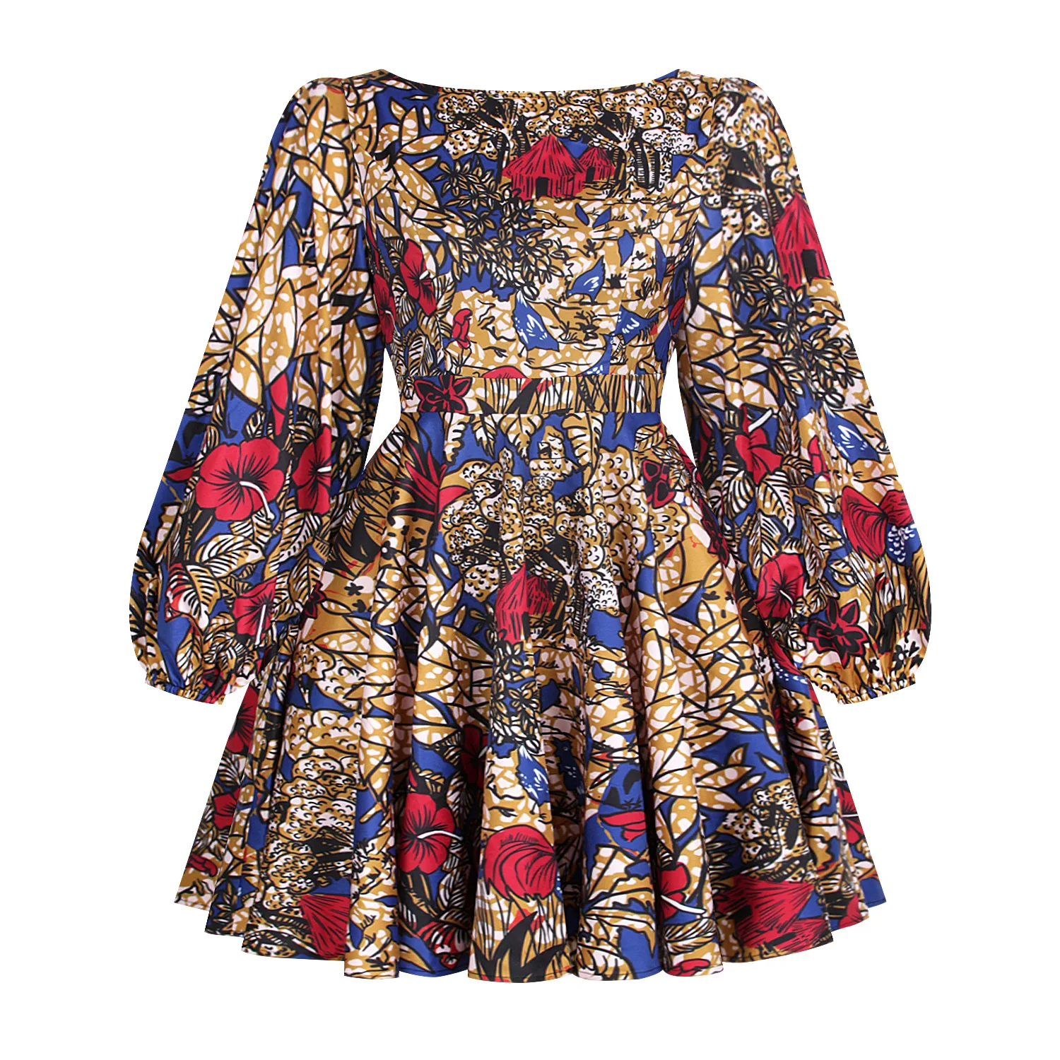 

Summer 2021 New Arrival Fashion African Women Long Sleeve Printing Polyester Mini Dress African Dresses for Women