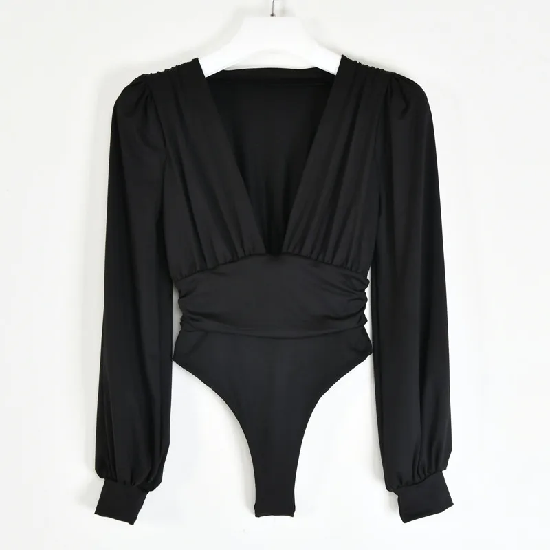 Articat Black Deep V Neck Bodysuit Women Sexy Puff Sleeve Bodycon Jumpsuit Solid Elastic Casual Party Winter Bodysuits Body Tops