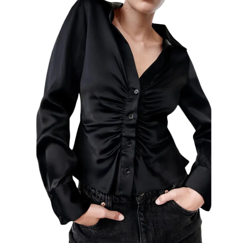 

Women's Shirt Office Ladies, Solid Color Long Sleeve Lapel Pleated Button Blouse for Dating Shopping