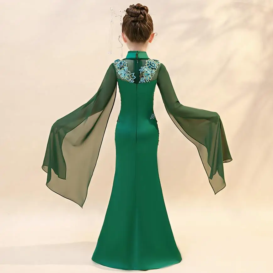 

2021green Lace Embroidery Mermaid Evening Gown Kids Catwalk Cheongsam Dresses For Girls Wedding Birthday Party Dress