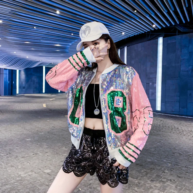 Veste Femme printemps новые блестки с длинным рукавом О-образным вырезом 08 модные куртки с блестками на молнии Женская шикарная Клубная верхняя одежда и пальто