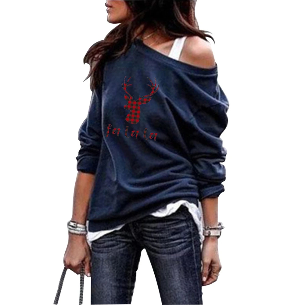 

Christmas Women's Strapless Sweatshirt Deer Print O Neck Long Sleeve Navy Pullovers Woman Vestidos Casual Autumn Sweatshirts