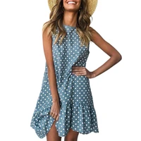 casual dress women loose middle length leisure polka dot printing round neck sleeveless dress daily wear for outdoor