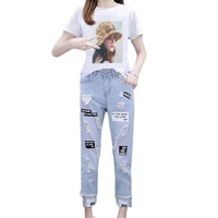 women cartoon t shirts jeans suits casual short sleeve print tshirtcalf length denim pants sets for ladies woman