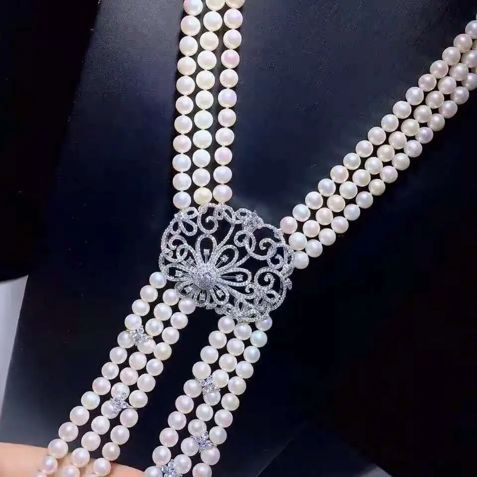 

Hand knotted 3rows 7-8mm white freshwater pearl micro inlay zircon accessories necklace long 60-65cm