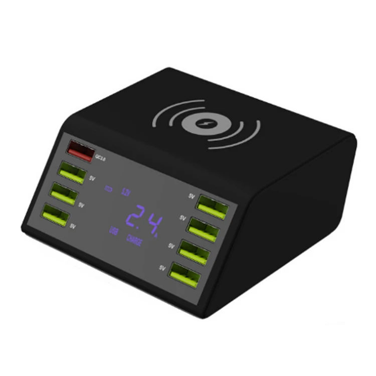 Зарядное устройство с 8 USB портами QC3.0 Беспроводная зарядка быстрая большой ЖК