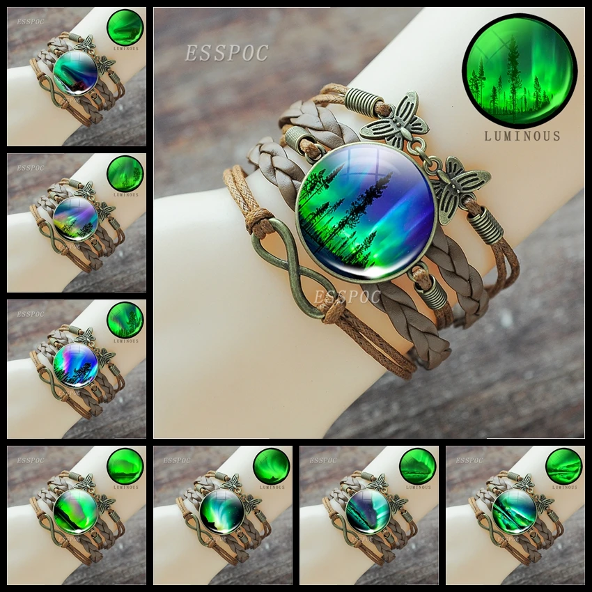 Светящиеся стеклянные коричневые кожаные браслеты ручной работы для женщин