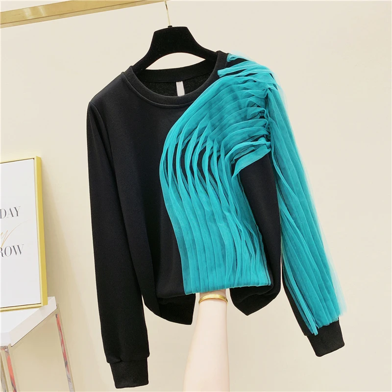 

2020 Autumn Women's Black Sweatshirt New Mesh Stitching Contrasting Color Round Neck Pullover Loose Korean Style Lady Hoodies
