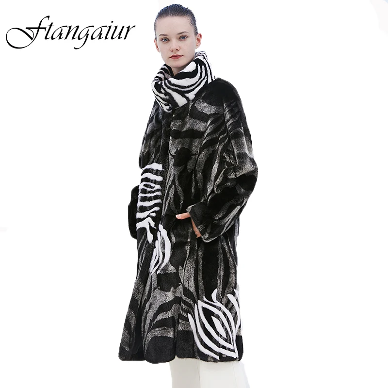 

Ftangaiur Winter Import Velvet Mink Fur Coat Contrast Color Striped Mink Coat Women X-Long Natural Real Mink Fur Coats