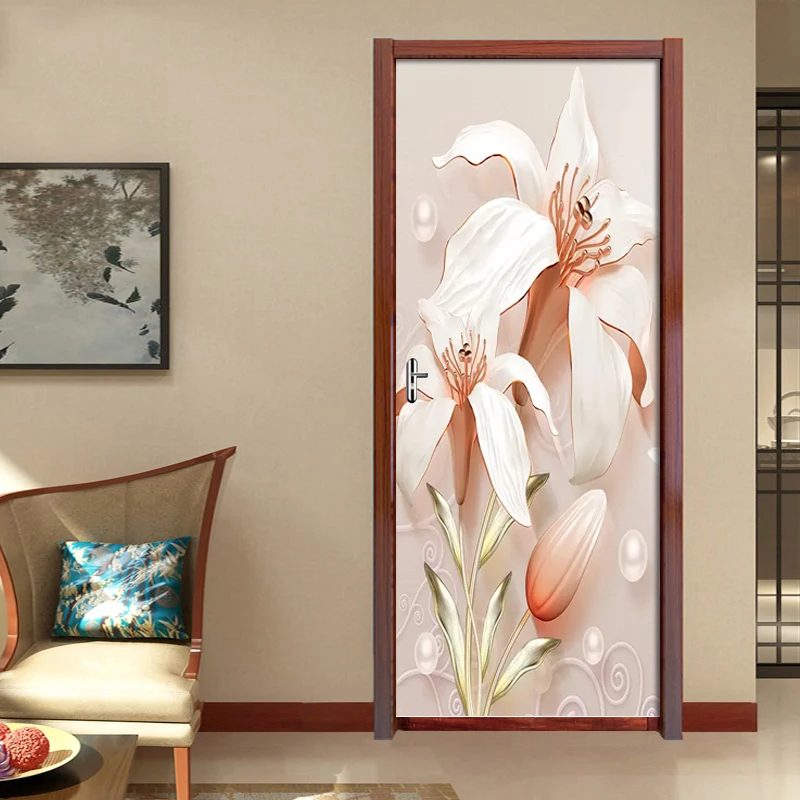 3D рельефные наклейки на дверь спальни цветы лилии DIY самоклеящиеся Настенные