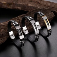 stainless steel bracelet men wrist band black grooved rudder silicone mesh link insert punk wristband stylish casual bangle