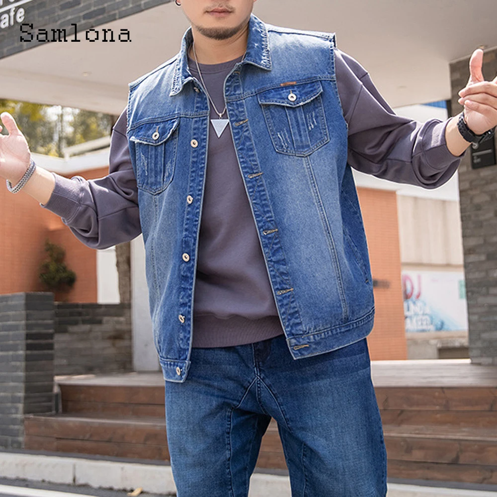 

Plus Size 7xl Men Denim Jackets Sleeveless Multi-pocket Vest Jean Mens Fashion 2021 Single breasted Coats Dark Blue Jeans Jacket
