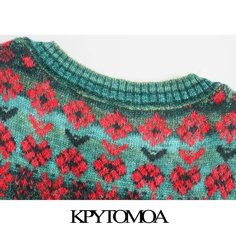 

KPYTOMOA Women 2020 Fashion Jacquard Cropped Knitted Cardigan Sweater Vintage Square Collar Button-up Female Outerwear Chic Tops