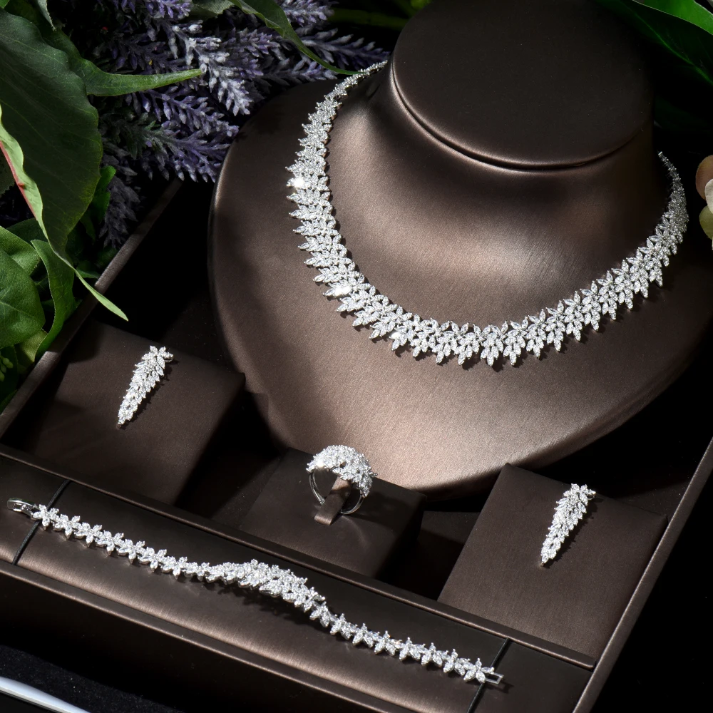 HIBRIDE, классический комплект из 4 предметов, серьги и ожерелье для женщин, для невесты, простая элегантная форма Leraf, высокое качество, parrure bijoux ...