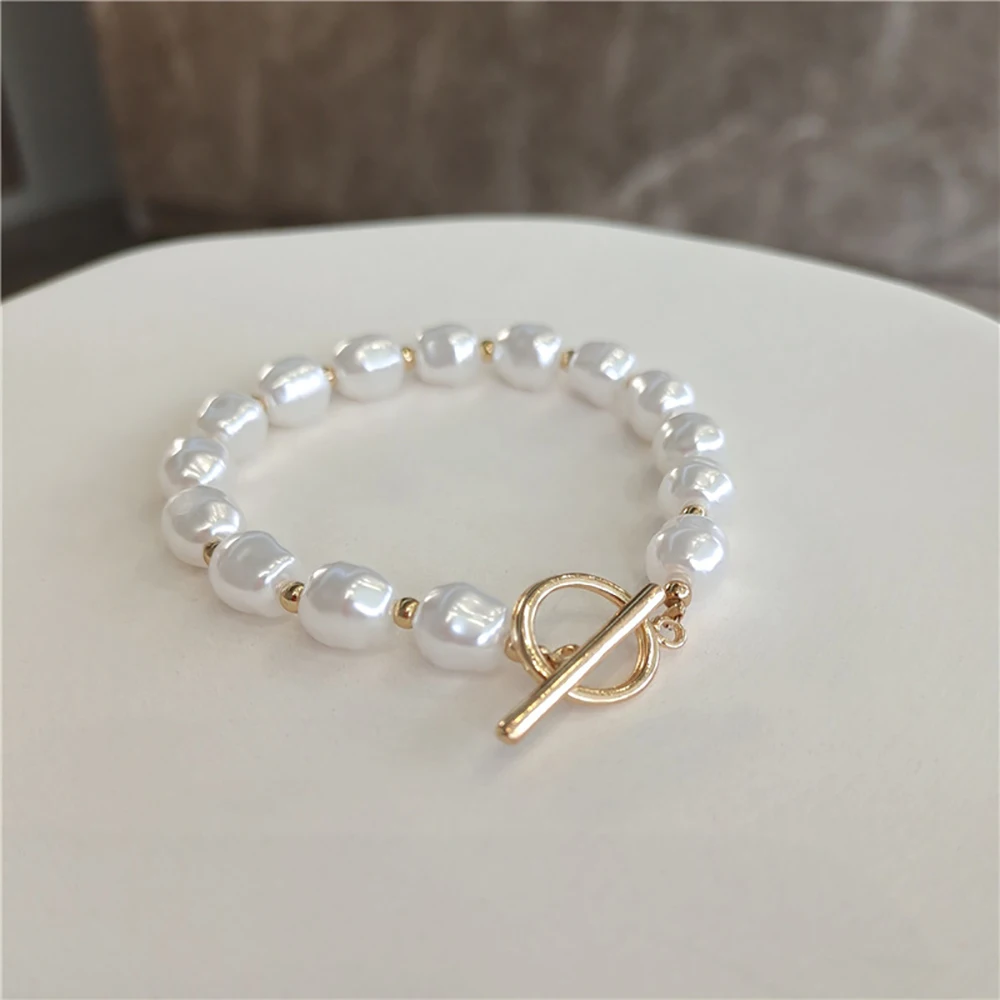 

Ghidbk Summer Trendy Personality Baroque OT Buckle Pearl Bracelet For Women Romantic Handmade Pearl Bracelet Wedding Party Gifts