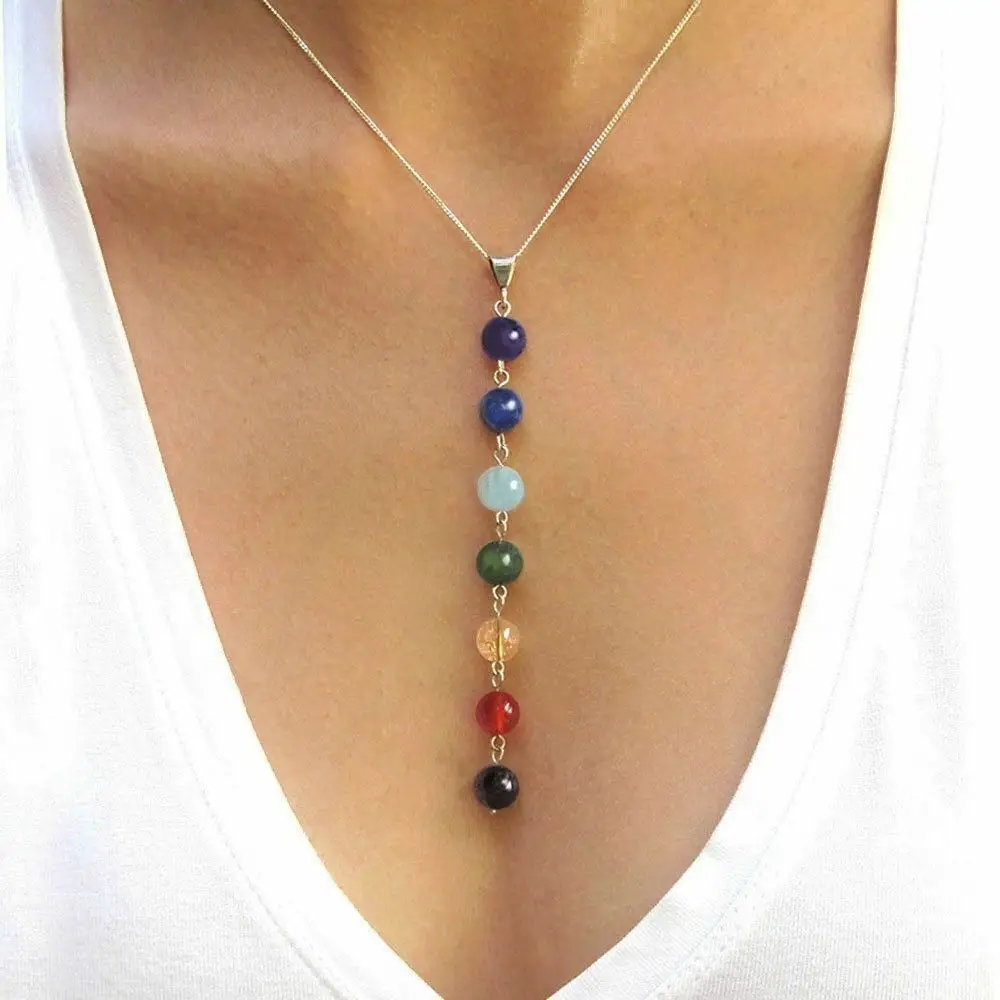 

7 Chakra Gem Stone Beads Pendant Necklace Women Yoga Reiki Healing Balancing Maxi Chakra Necklaces Femme Jewelry