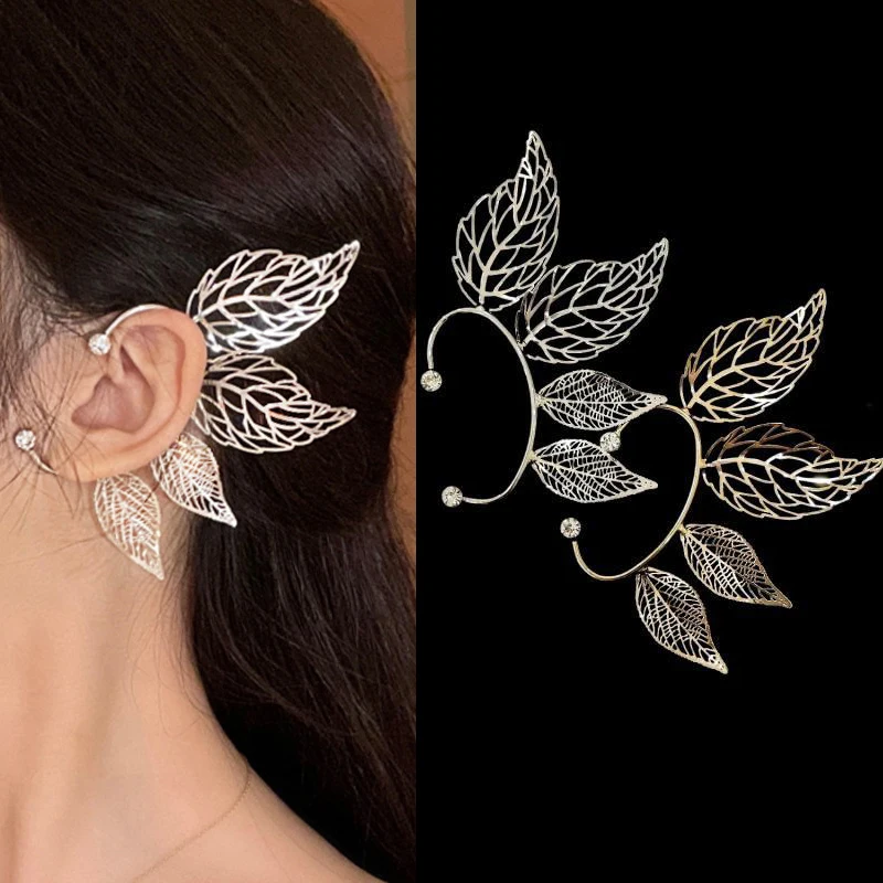 

Симпатичные Большие серьги-каффы для женщин, модные ювелирные изделия в стиле бохо, золотые, серебряные, в форме листьев, без ушных отверсти...