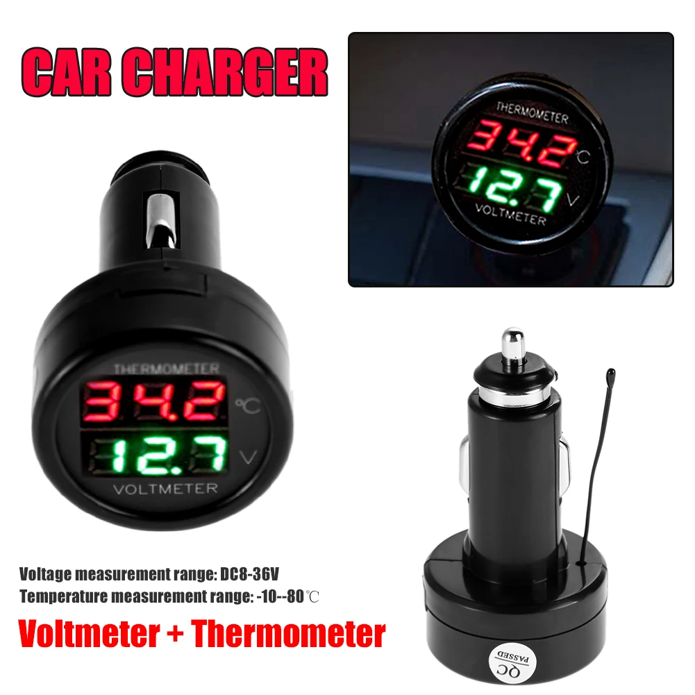 

12V 24V Digital Car Voltmeter Thermometer Cigarette Lighter Style 2 in 1 Battery Monitor Voltage Temperature Meter