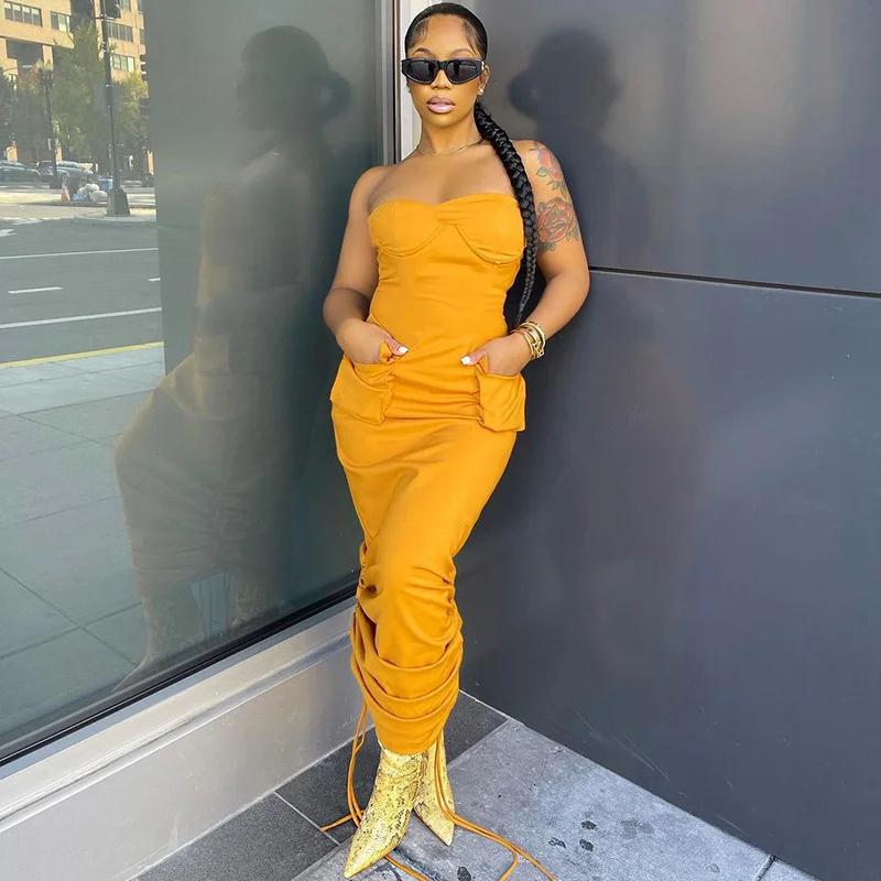 

Zoctuo Lace Up Drawstring Ruched Tube Cargo Midi Dress Pocket Patchwork Bodycon Sexy Streetwear Party Club Festival 2021