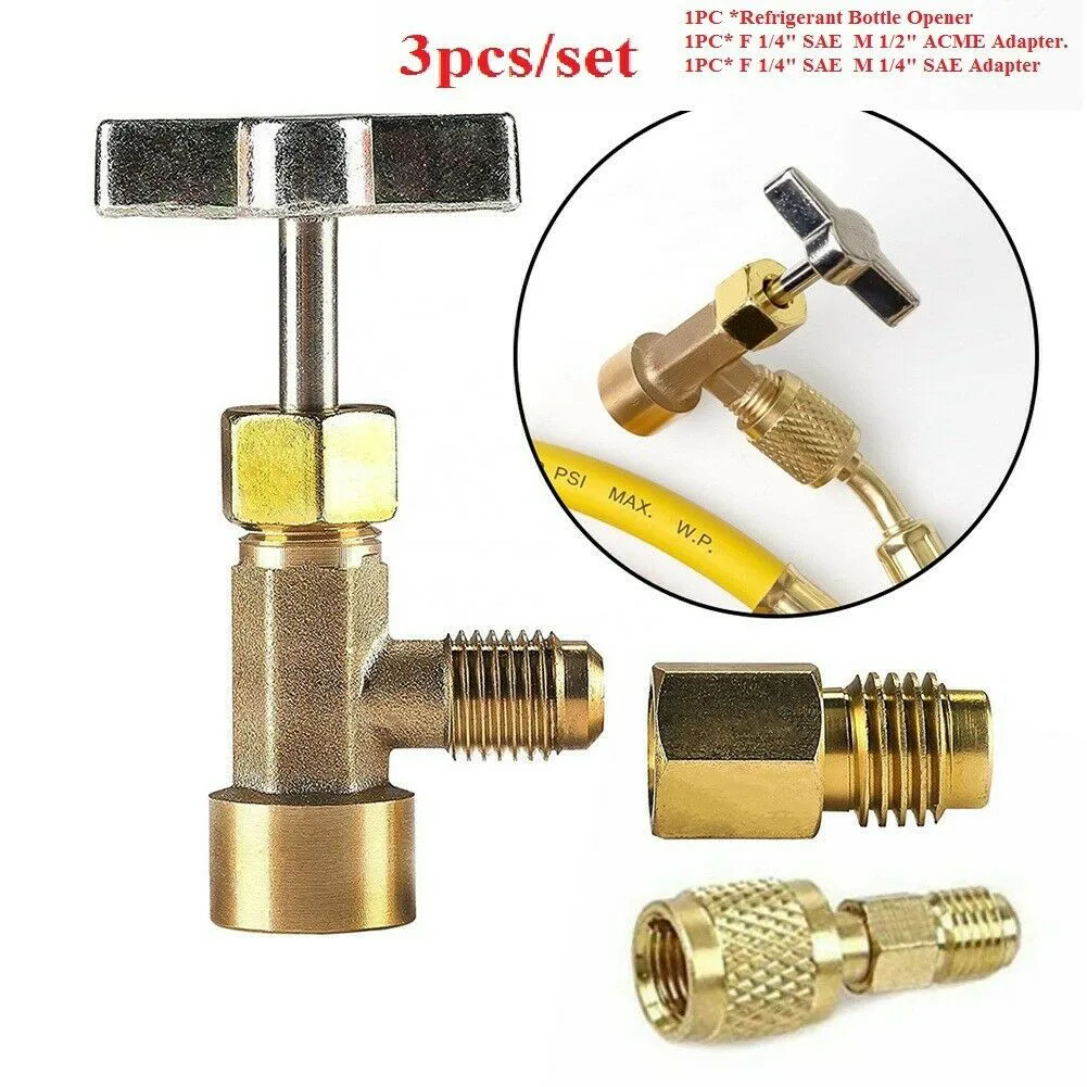 

3 Pcs Refrigerant R134a Adapter Corkscrew Set AC-Tank Connector 1/4"SAE M 1/2"ACME F Accessories For Air Conditioner