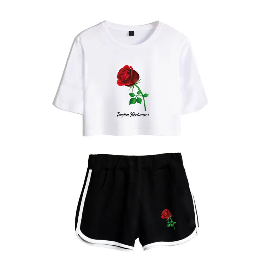 

2020 New Summer new payton moormeier Exposed Navel white T shirt+black shorts Suitable women girls two Piece Sexy Slim Set