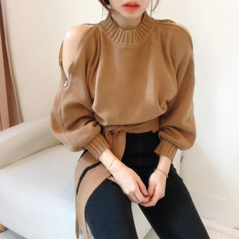 BGTEEVER Casual Cold-shoulder Knitting Pullover Sweaters Women Slim Waist Winter O-neck Lace-up Female Short Jumpers Tops 2020 | Женская