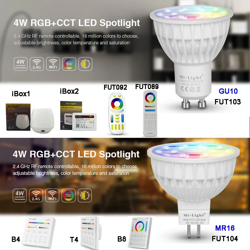 Miboxer 4W GU10 MR16 RGB + CCT Светодиодный прожектор AC110V 220V 2 4G пульт дистанционного