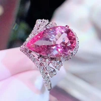 925 luxury crown diamond drop shaped simulated pink tourmaline color treasure adjustable ring for women jewelry engagement gift