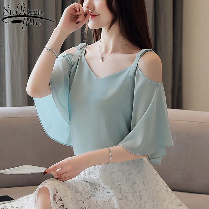

Summer Top Female Off-Shoulder Chiffon Blouse Fashion Loose Slim Woman's Blouses Butterfly Sleeve Solid Ropa De Mujer 9036