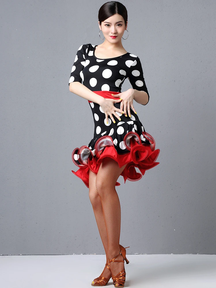 Юбка для латиноамериканских танцев в белый/красный горошек взрослых и женщин