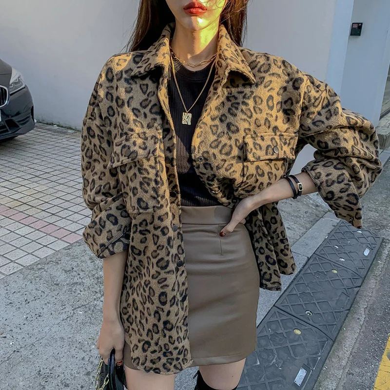 

2021 spring Vintage Leopard Jacket Plus Size Casual Leopard Female Coat Winter Tops For Woman Clothes Elegant Wool Outwear