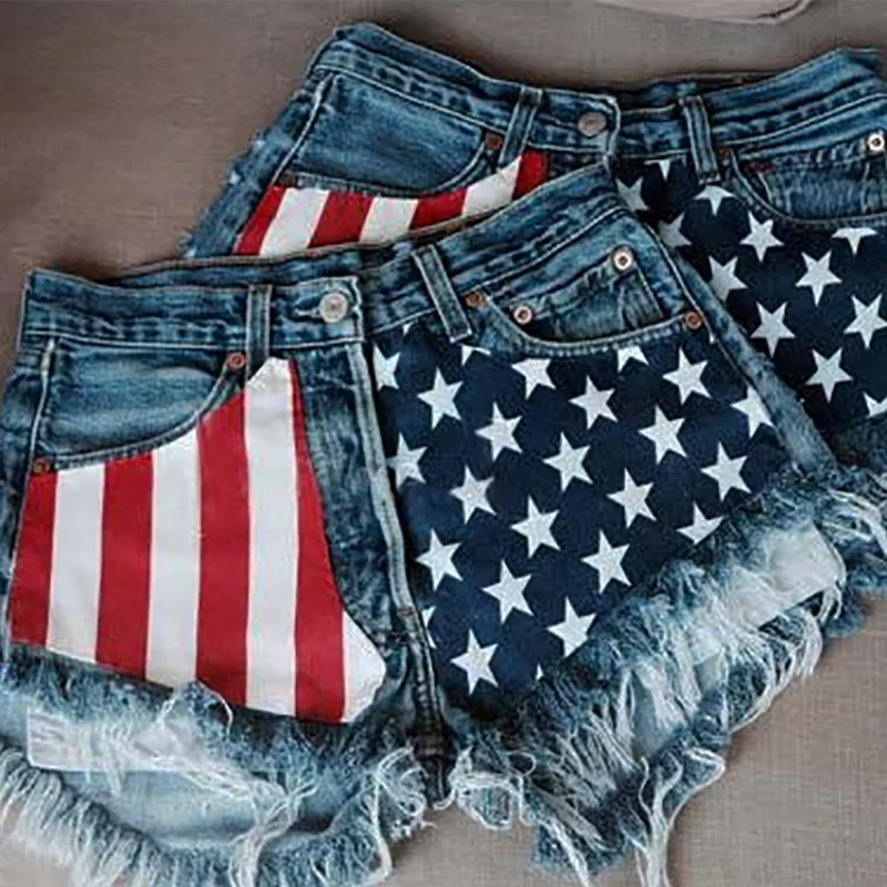 Free Shipping Women Low-rise American Flag Print Ripped Denim Short Jeans Mini Hot Shorts Summer Style Independence Day Clothing