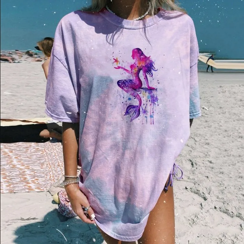 

Purple Mermaid Print Graphic T Shirts for Women Vintage Casual Loose O Neck Short Sleeve Fashion Clothing 2021 Summer Plus Size
