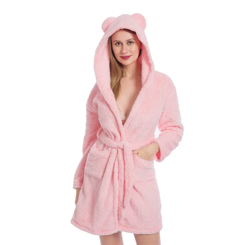 

2021 Winter New Style Robe Plush Fleece Scalloped Bath Robes For Women Soft Warm Long Sleeve Hooded Night-robe Loungewears