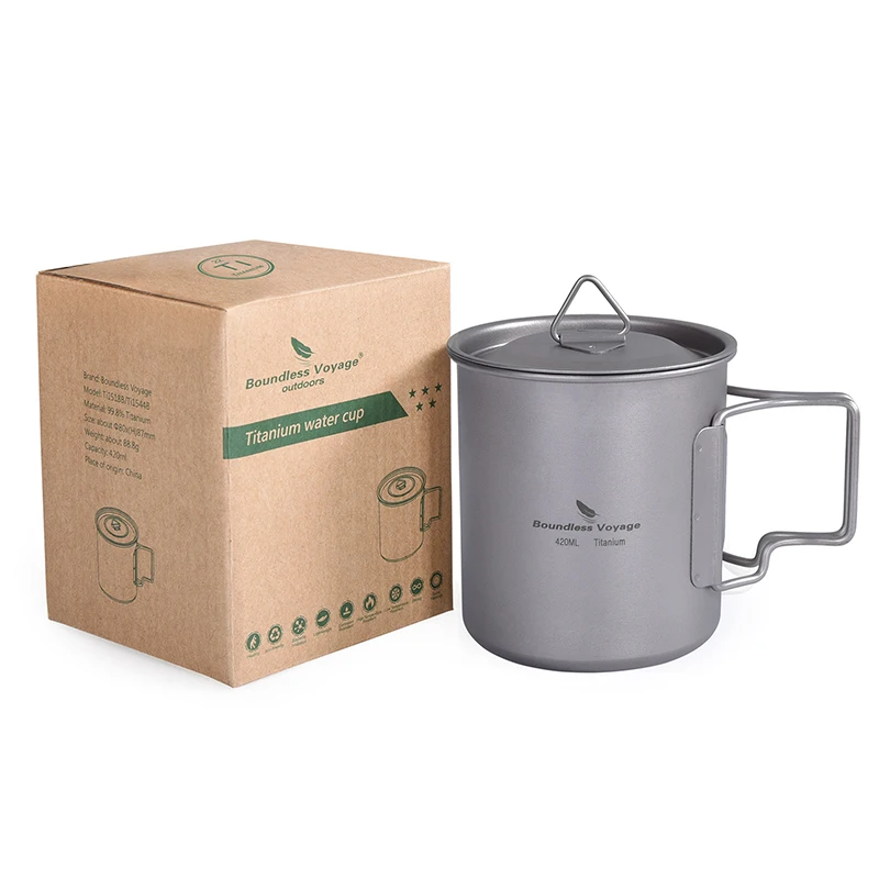 

Boundless Voyage 420 ml Titanium Tea Cup Water Cup Milk Coffee Mug Folding-handle Tableware with Lid for Camping Outdoor Picnic