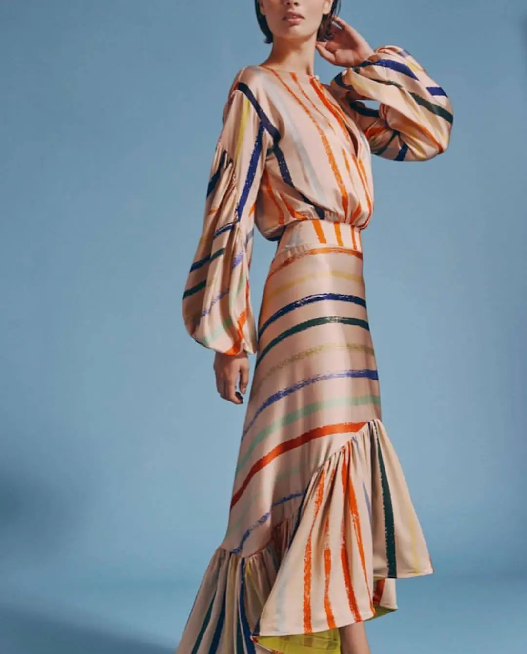 

Long Dress Fashion Women Summer Office Elegant Lady Casual Loose Striped Lantern Sleeve Ankle Length O Neck Plus Hem Vestidos