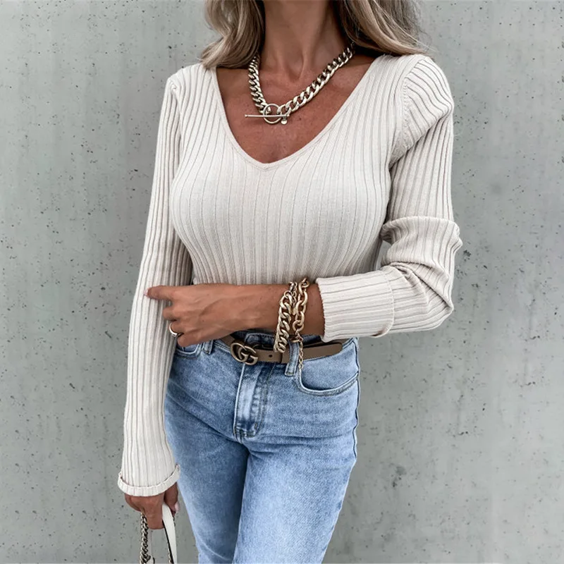 

2021 Autumn and Winter Women's Clothing All-match Casual Slim-fit Solid Color Pit Strip Long-sleeved V-neck Top Bottoming Shirt