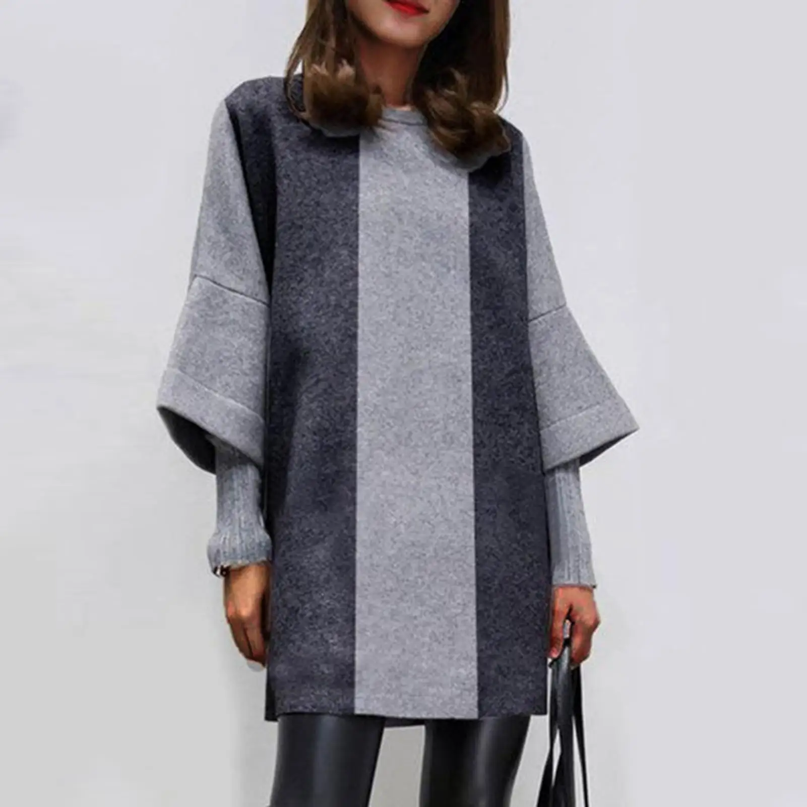 Осень-зима Женская свободная шерстяная блузка в полоску с коротким рукавом и