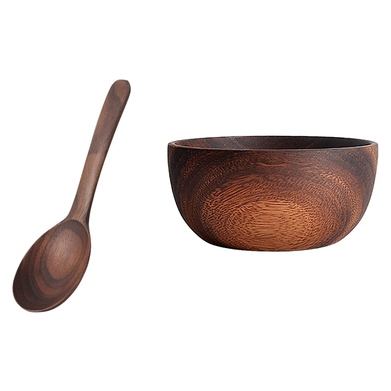 

2 Pcs Acacia Wood For Fruits, Salads And Noodle,,Wooden Bowl 5.1X2.4 Inch & Wooden Spoon 6.3X1.7Inch