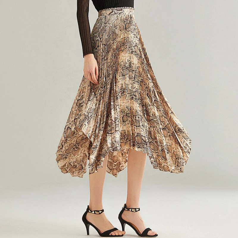 Женская плиссированная юбка со змеиным принтом длинная ассиметричная подиумная