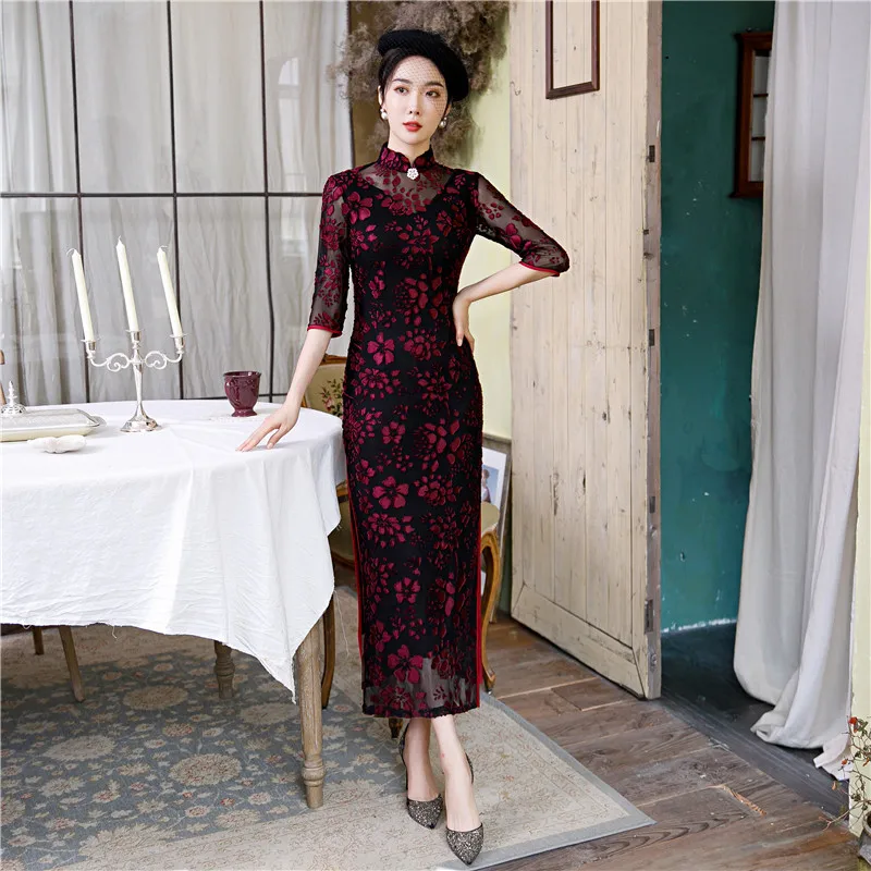 Длинное сексуальное Перспектива кружево женский Чонсам высокое Разделение 3/4 с