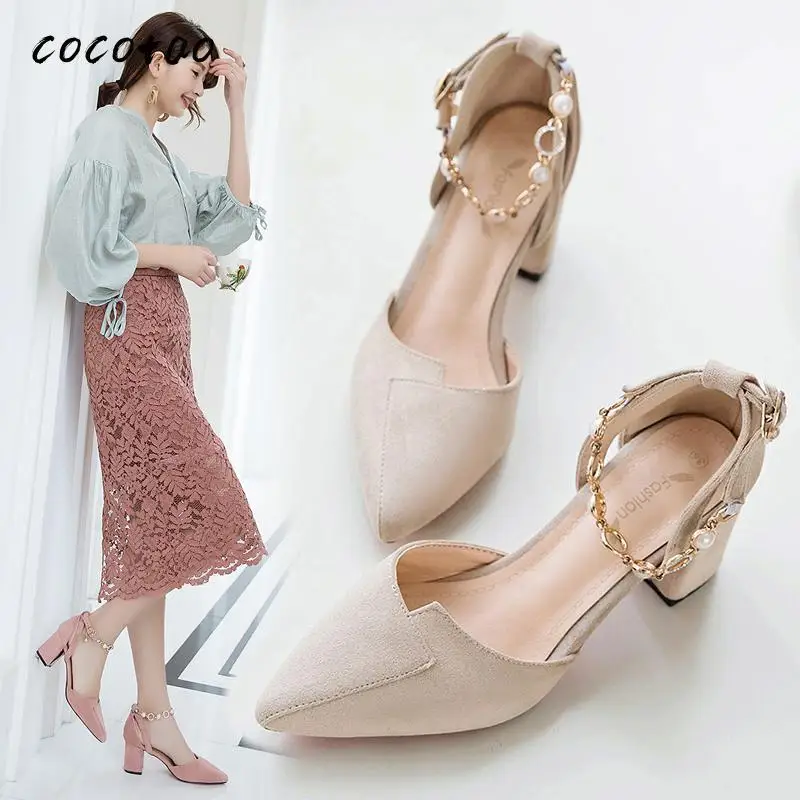 

2020 Spring And Summer New Girls Small Fresh High-heeled Shoes With 5cm Single Shoes Women's Middle Heel Buckle