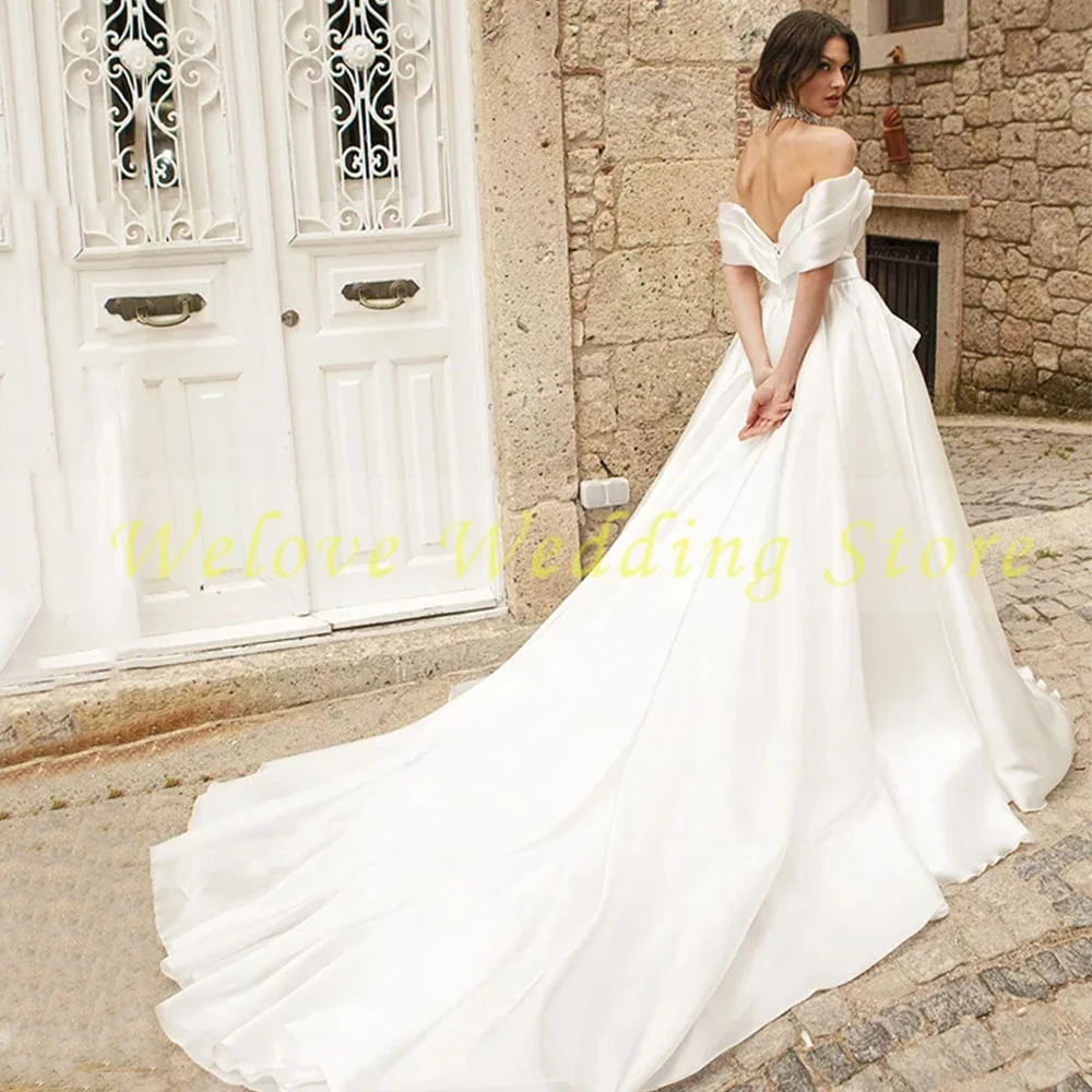 

Sweetheart Satin Wedding Dresses 2021 Off Shoulder A-Line Backless With Bows Lace Up Floor Length Princess Bridal Gown